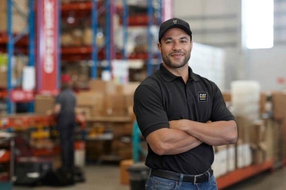 HOLT CAT parts specialist standing in the parts warehouse
